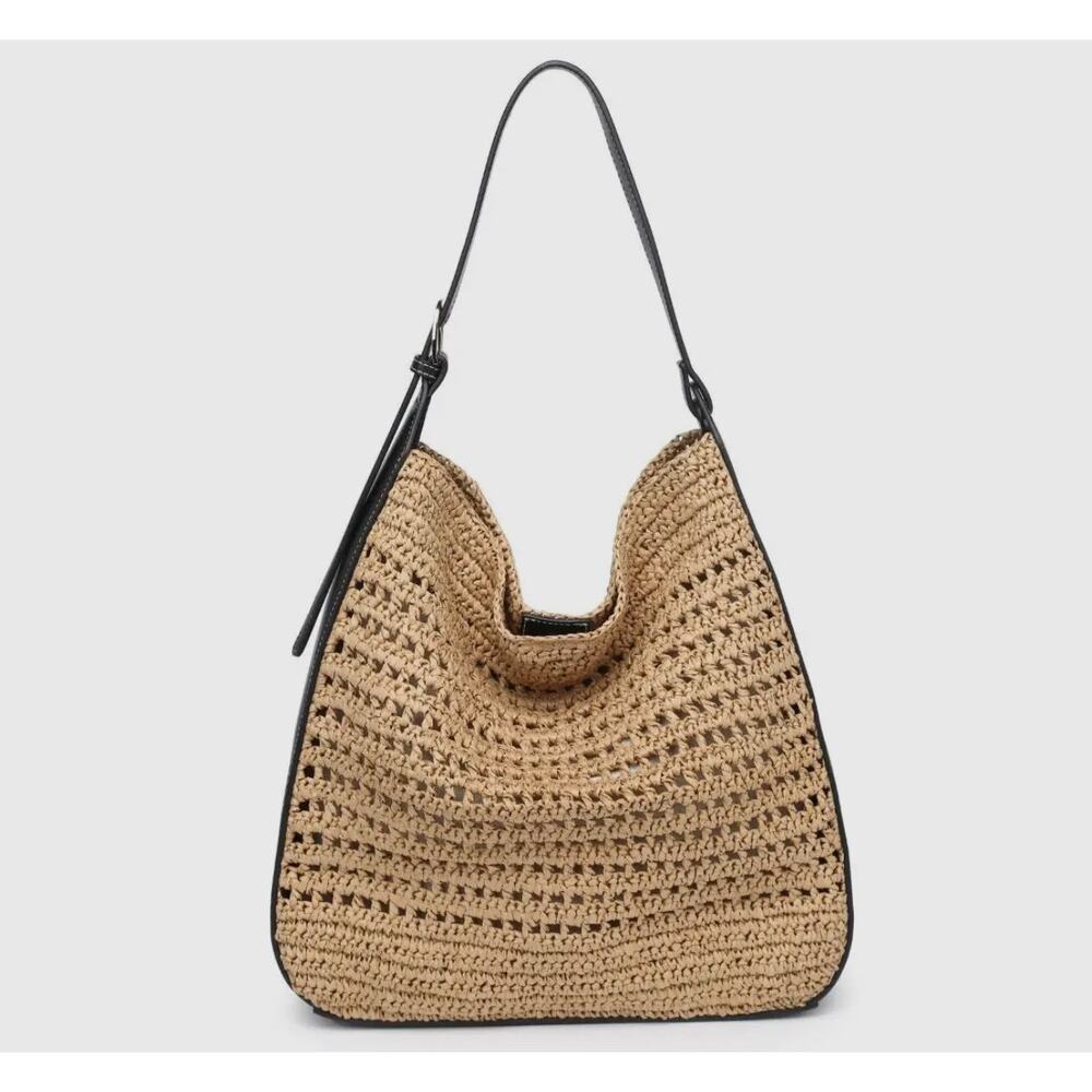 Moda Luxe Tan Woven Shoulder Bag with Black Trim